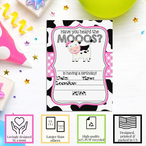 Heard the Moos Pink Cow-Themed Birthday Party Invitations for Kids, 20 Fill In Cards with Envelopes by AmandaCreation