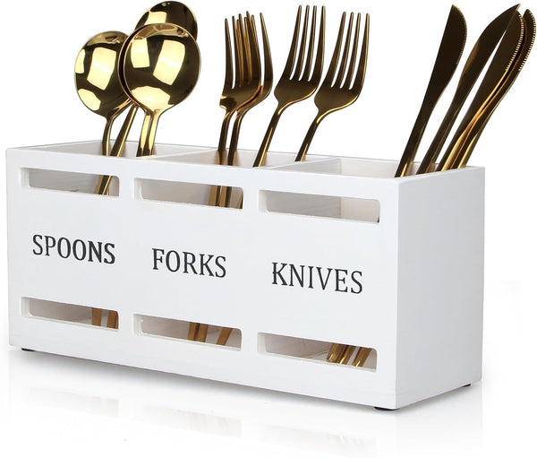 Ayiaren Wooden Silverware Cutlery Holder, White Flatware Caddy for Party, Kitchen Utensils Organizer for Table