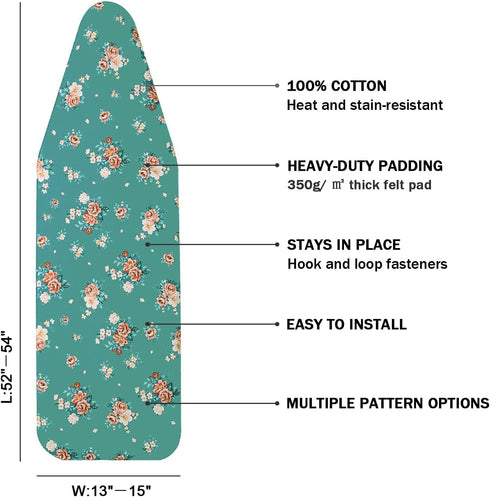 Ironing Board Cover and Pad Standard Size 15" x 54", Cotton with Scorch Resistant Thick Padding, Green+Flowers, 3 Pairs