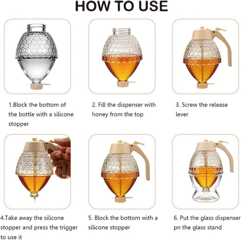 Ahhute Honey Dispenser, No Drip Glass Maple Syrup Dispenser with Stand, Reusable Honey Jars, Easy Pour Honey Pot
