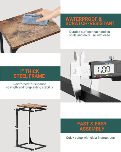 C-Shaped Side Table for Couch - Small Coffee Stand Sofa Tray Desk with Metal Frame and Waterproof Scratch Resistant