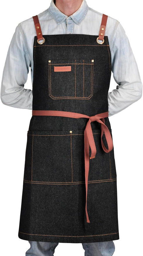Professional Black Denim Apron with Pockets, Cooking Chef Kitchen Grill BBQ Hairstylist Apron with Leather Straps
