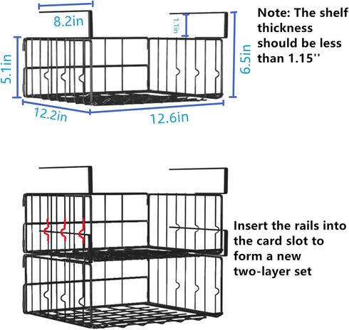 2Pack 11.8in Under Shelf Basket Storage - Metal Under Cabinet Shelf, Hanging Wire Basket Shelves, Undershelf Storage