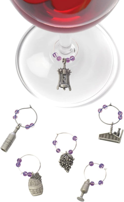 True Winery Pewter Wine Charms - Set of 6 for Stem Glasses, Wine Tasting Party