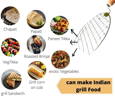 Steel Roasting Roti Jali Set with Wooden Handle, Tong and Pincer, Cooking Rack, Papad Grill, Chapati Grill, Food Tong