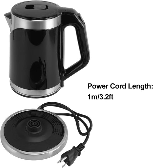 Double Wall Stainless Steel Electric Kettle, 900W Automatic Power Off, 2L Capacity for Home & Office, Black