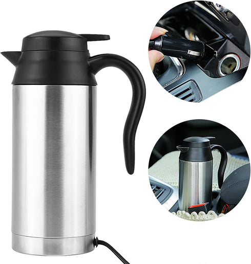Car Electric Kettle, 750ml 120W 12V Stainless Steel Heating Kettle for Most 12V Power Source Cars