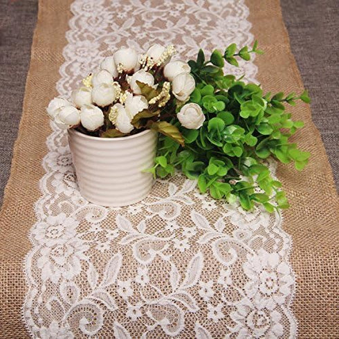 Burlap and Lace Table Runner 12X42 Inch for Rustic Wedding Decorations