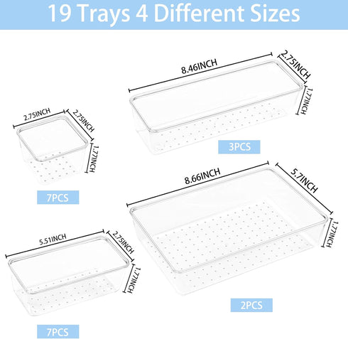 Drawer Organizers Set of 19, 4 Sizes Clear Plastic Drawer Organizers and Storage Bins for Kitchen, Bathroom, Office, Dresser Desk Drawer Organizer Tray for Jewelry, Makeup, Junk, Gadgets by Manalete