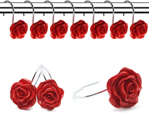 12 PCS Decorative Anti Rust Shower Curtain Hooks, Rose Design Shower Curtain Rings (RED)
