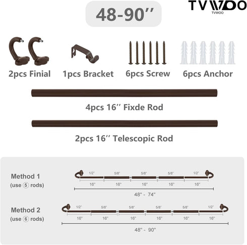 Bronze Wrap Around Curtain Rods 48 to 84 Inch, 5/8 Inch Adjustable Blackout Rod with Brackets, Room Darkening, Brown