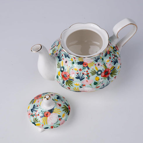 33.8 oz Porcelain Tea Pot Luxury Gold Trim Floral Ceramic Teapot Waterpot Tea Maker for Blooming Loose Leaf Tea Coffee