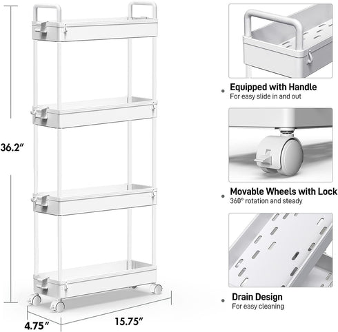 SOLEJAZZ Slim Storage Cart, 4 Tier Bathroom Organizer Mobile Shelving Unit, Rolling Utility Cart Slide Out Organizer for Kitchen, Bathroom, Laundry, Narrow Places, White by SOLEJAZZ
