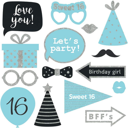 Fully Assembled Sweet 16 Birthday Photo Booth Props - Set of 30 - Teal Blue & Silver Selfie Signs with Real Glitter