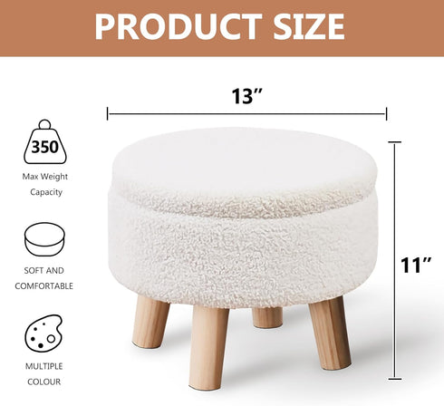 Wimarsbon Storage Ottoman, Modern Round Footrest with Soft Padded Seat, Teddy Velvet Footstool with Wood Legs, Accent