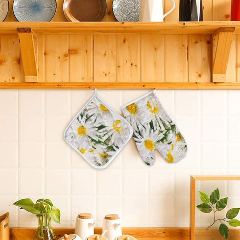 Set of Oven Mitt and Pot Holder, Spring Daisy Flower Kitchen Mittens, Heat Resistant Non-Slip Surface for Cooking