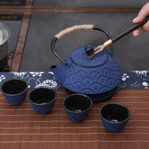 Set 4 Japanese Style Cast Iron Teapot with Tea Cups Iron Tea Kettle with Infuser Hemp Rope Trivet Asian Gift for Adults