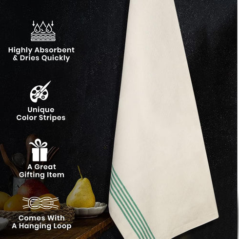 Stripe Kitchen Towels Decor, 18x28 in Cotton Dish Towels, Boho Embroidery Festive Gift Set of 6 (Green)