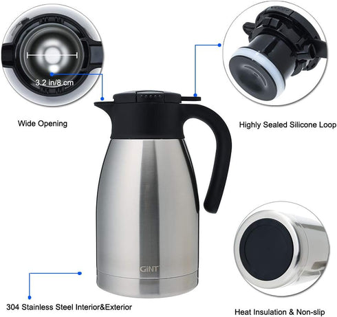 GiNT 51Oz Stainless Steel Thermal Coffee Carafe with Lid, Double Walled Vacuum Thermos, 12 Hour Heat Retention, Silver