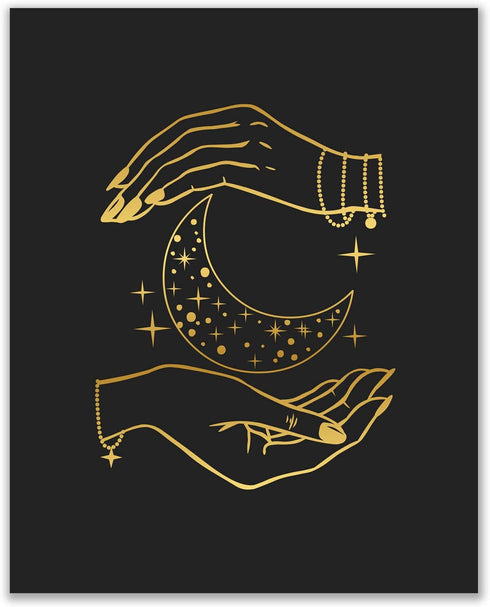Occult Gold and Black Prints - Set of 6 Glossy Wall Art Decor (8x10) Alchemy, Witch, Third Eye, Planets