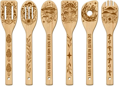 GLOBLELAND 6Pcs Mushroom Bamboo Cooking Utensils Set - Engraved Wooden Spoons & Spatula for Kitchen