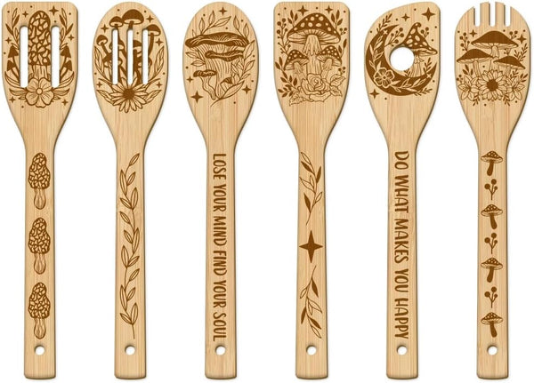 GLOBLELAND 6Pcs Mushroom Bamboo Cooking Utensils Set - Engraved Wooden Spoons & Spatula for Kitchen
