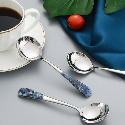 Stainless Steel Coffee Round Spoon - 4 Set of 6 Inches Korean Dessert Spoon with Hexagonal Pattern for Home or