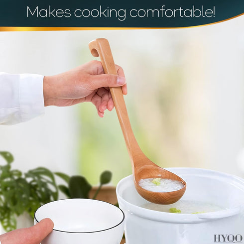Wooden Ladle for Soup, 10.8x2.8" with Deep Scoop, Hanging Hook, Lacquer Coating