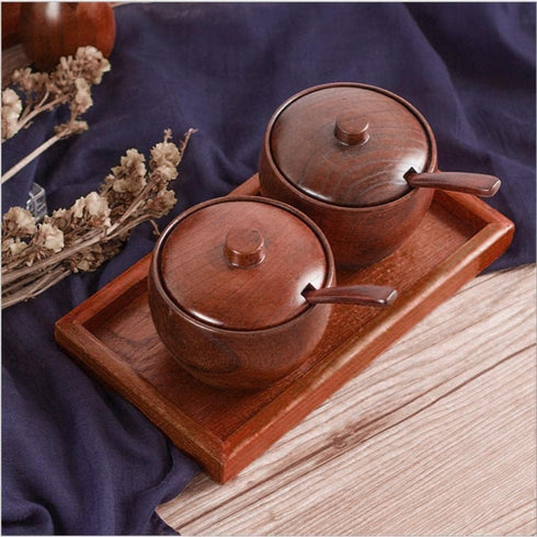 Solid Wood Jar Seasoning Pot with Spoon and Lid for Kitchen Storage Organizer