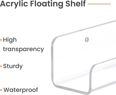 6 Pack 1.7" x12" upsimples Clear Acrylic Shelves, Clear Wall Shelves for Nail Polish, Vinyl Wall Mount, Record Holder