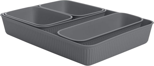 Superio Ribbed Collection - Decorative Plastic Desk Drawer Organizer Tray, Grey (Set of 5) Open Home Storage Bins for