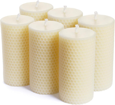 Pure Natural Beeswax Pillar Candles Bulk - Pack of 6 - Honeycomb