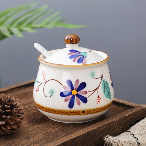 Cute Hand-painted Sugar Bowl, Seasoning Jar, Ceramic Condiment Pot for Restaurant Kitchen Decor- Blue Floral Pattern, 320ml by KKGUD