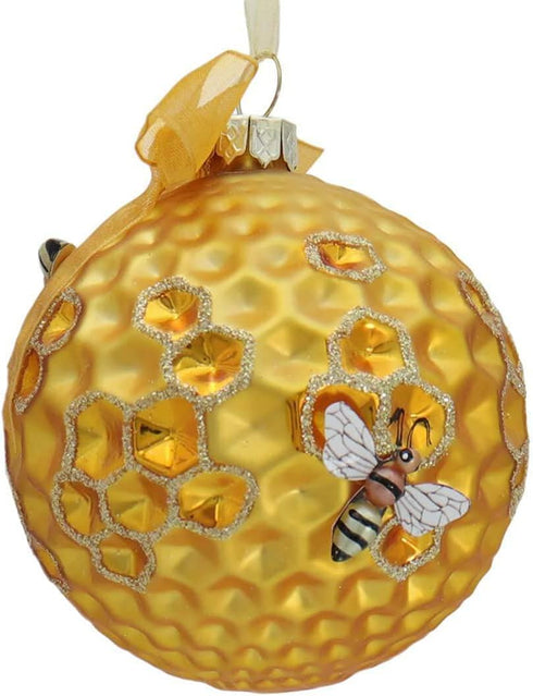 Kurt Adler Set of 2 Bumble Honeycomb Bee Hive Christmas Tree Ball Ornaments, Glass Décor