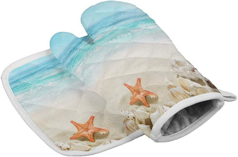 Sandy Beach Set of Oven Mitt and Pot Holder, Starfish Seashell Theme Oven Gloves for Kitchen BBQ Cooking