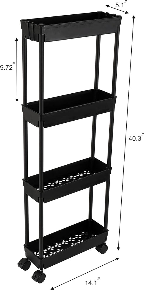 Sooyee 4 Tier Slim Storage Cart, Rolling Narrow Shelf Organizer for Kitchen, Bathroom, Laundry Room - Black