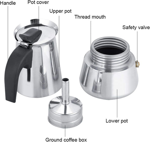 Stainless Steel Moka Pot Espresso Coffee Maker, Portable Electric Heating Espresso Maker for Home Office Use