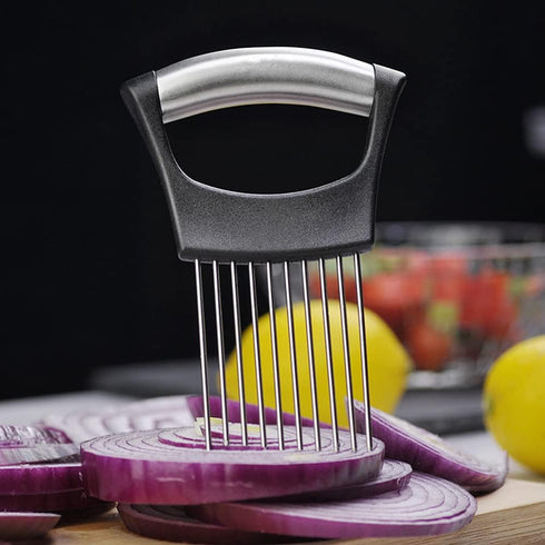 Onion Cut Tomato Slicer, Handy Kitchen Slicing Tool with 10 Even Prongs for Onion Lemon Potato Tomato Slices (Black)