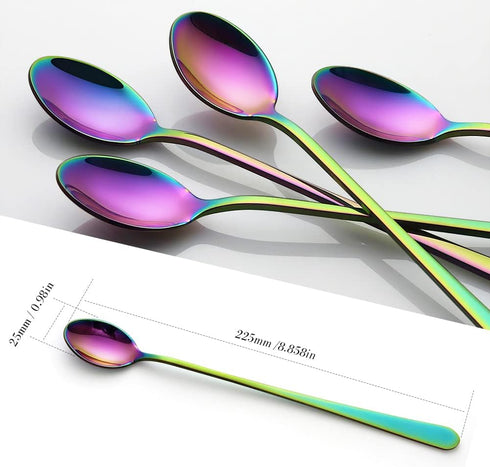 IQCWOOD 9-Inch Long Handle Iced Tea Spoons, Rainbow Stainless Steel Coffee Stirrers, Set of 4 for Shakes, Ice Cream