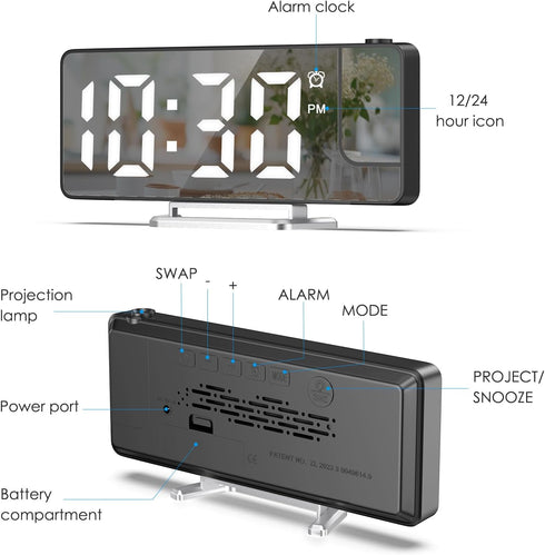 AMIR Projection Alarm Clock for Bedroom, 7.9 in Display LED Alarm Clock with 180 Rotatable Projector, Snooze