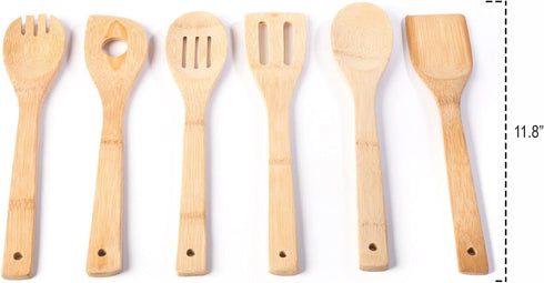 Huji Bamboo Wooden Spoons Set - Wooden Spatula Spoon for Cooking - Nonstick Kitchen Utensils