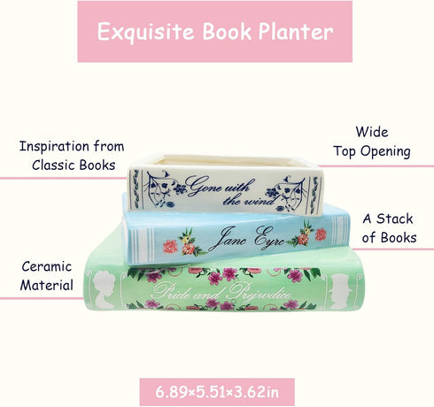 Small Book-Shaped Decorative Planter - Ceramic Vase for Flowers - Cute Bookshelf Home Bedroom Office Decor - Unique
