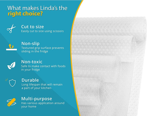 Linda’s Essentials Refrigerator Liners for Shelves (16 Pack), Easy to Clean Non-Slip BPA-Free Mats with Spill Protection