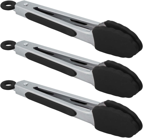 Small Serving Tongs with Silicone Tips, 7 Inch Mini Stainless Steel Food Tongs, Set of 3 (Black)