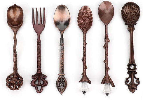 Fdit 6Pcs Vintage Carved Coffee Spoon Set, Retro Zinc Alloy Dessert Cutlery for Kitchen (Red Bronze)