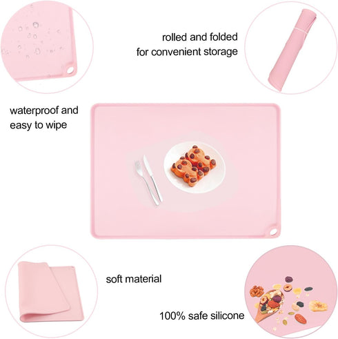 Clean(1Pack 19.7" 15.7") Pink Toddler Placemat-Non Slip Placemat for Girl Baby, Portable Food Mat Reusable Placemats