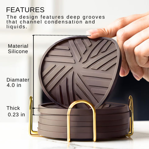 Angardy Homeware Set 6 Housewarming Coasters of - Non-Slip - Round Pads with Smart Groove Patterns & Gold Holder