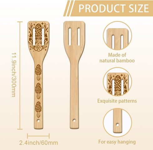GLOBLELAND 6Pcs Mushroom Bamboo Cooking Utensils Set - Engraved Wooden Spoons & Spatula for Kitchen