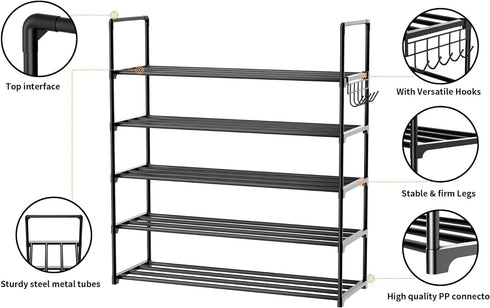 Organizer,5 20-25 Metal Shoe Tiers Shoe Storage Shoe Rack with Hooks,Fit Pairs,Adjustable Shoe Shelf