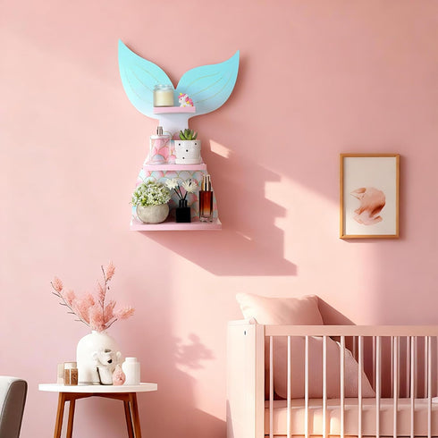 Bencailor Mermaid Wall Shelf Decor Wooden Floating Mermaid Tail Shelf Hanging Wall Art Decor for Girls Bedroom Nursery